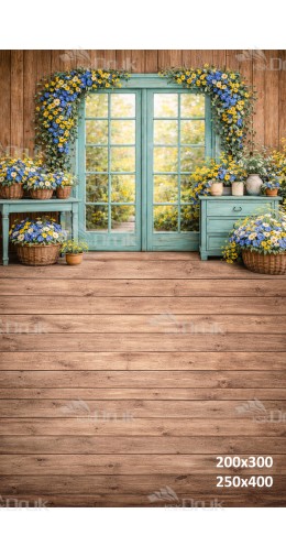 Tło fotograficzne „Turkusowe drzwi z girlandą kwiatów” | E835